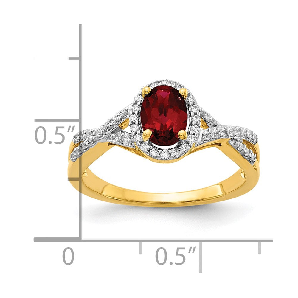 14k Yellow Gold 1/5 Ct. Lab Grown Diamond VS/SI+ G+ and Lab Created Ruby Oval Halo Ring