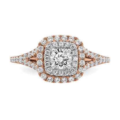 14K Two Tone Rose And White Gold Double Halo (Holds 1/3 Carat (4.5mm) Round Center) 1/2 Diamond Semi Mount Engagement Ring