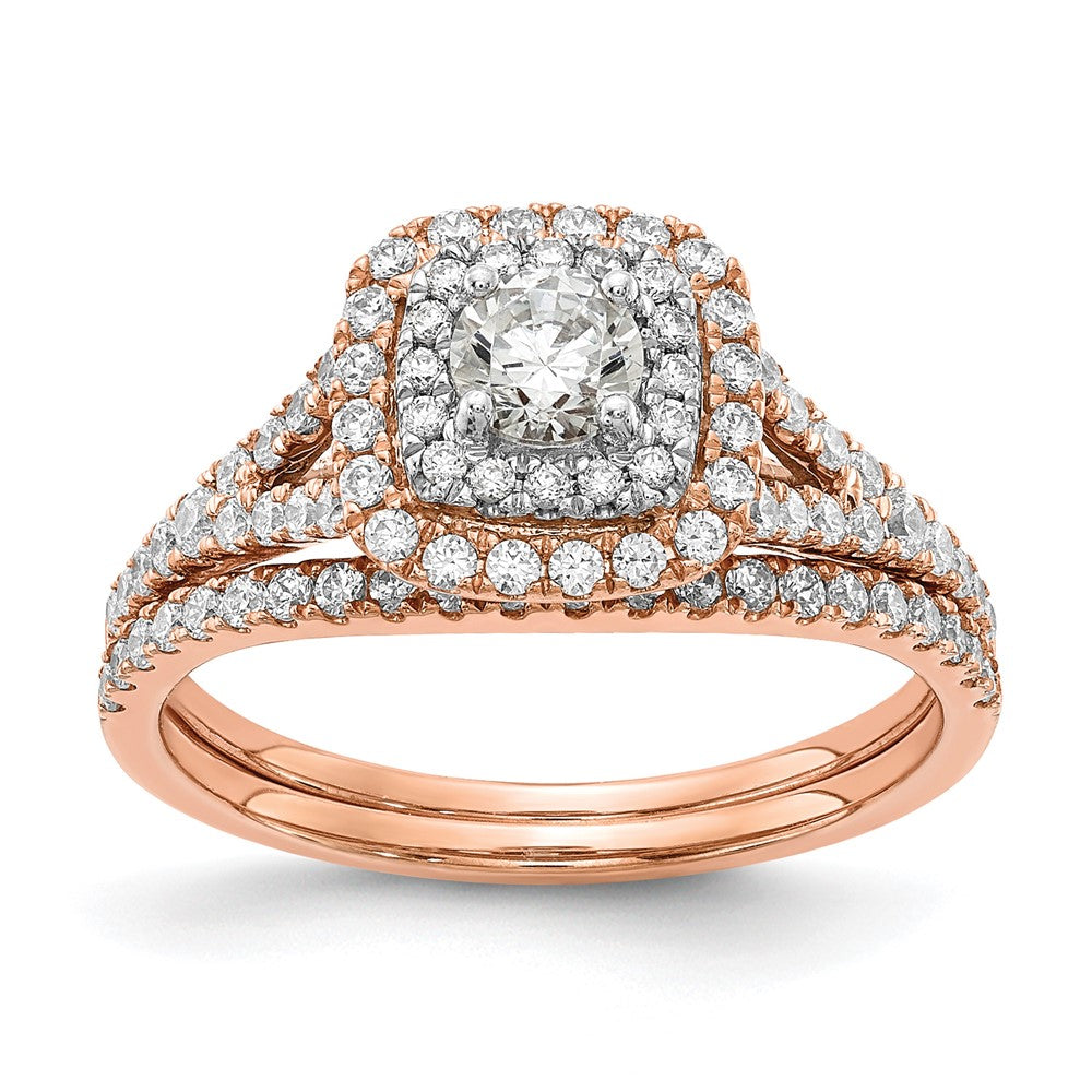 14K Two Tone Rose And White Gold Double Halo (Holds 1/3 Carat (4.5mm) Round Center) 1/2 Diamond Semi Mount Engagement Ring