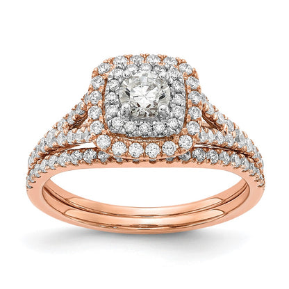 14K Two Tone Rose And White Gold Double Halo (Holds 1/3 Carat (4.5mm) Round Center) 1/2 Diamond Semi Mount Engagement Ring