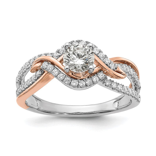 14K Two Tone White And Rose Gold Criss Cross (Holds (1/2 Carat (5.2mm) Round Center) 1/3 Diamond Semi Mount Engagement Ring
