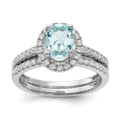 14K White Gold Blooming Bridal Halo 8X6mm Oval Aquamarine And 1/3 Carat Diamond Complete Engagement Ring