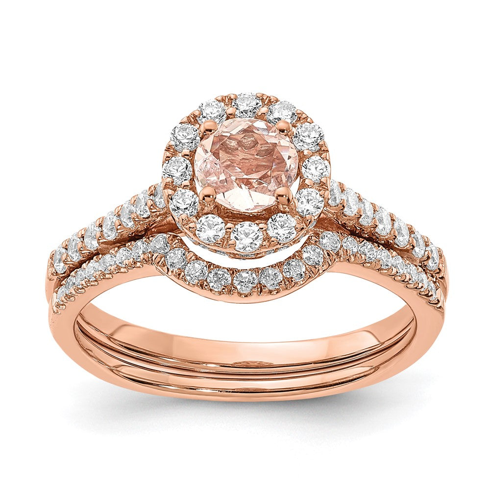 Solid 14k Rose Gold Morganite Simulated CZ Halo Complete Engagement Ring