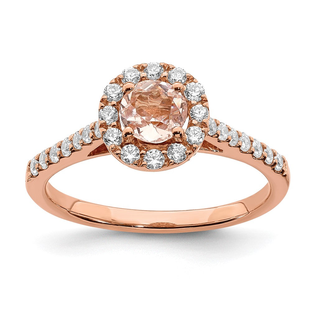 Solid 14k Rose Gold Morganite Simulated CZ Halo Complete Engagement Ring