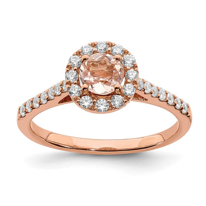 Solid 14k Rose Gold Morganite Simulated CZ Halo Complete Engagement Ring