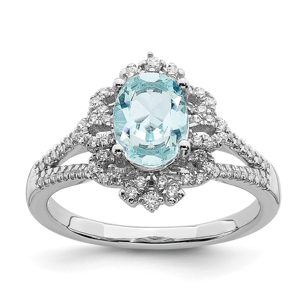 Solid 14k White Gold Simulated Aquamarine Vintage CZ Halo Complete Engagement Ring