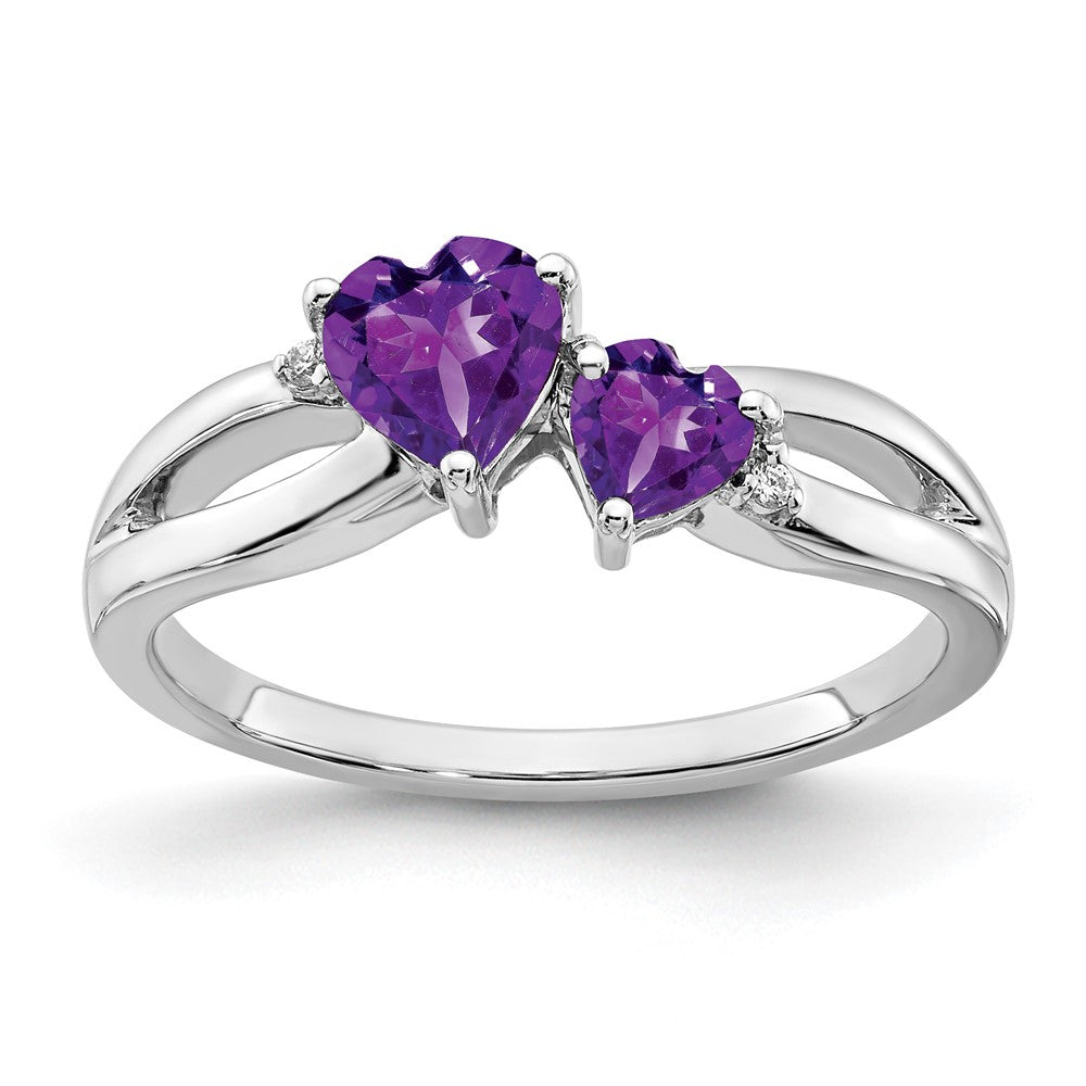 10K White Gold Amethyst And Diamond 2-Stone Heart Ring