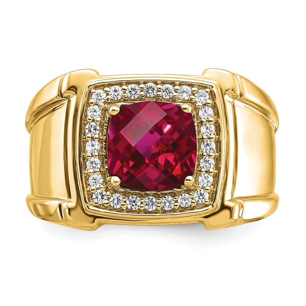 14k Yellow Gold 1/4 Ct. Lab Grown Diamond VS/SI+ G+ and Lab Created Ruby Men's Ring