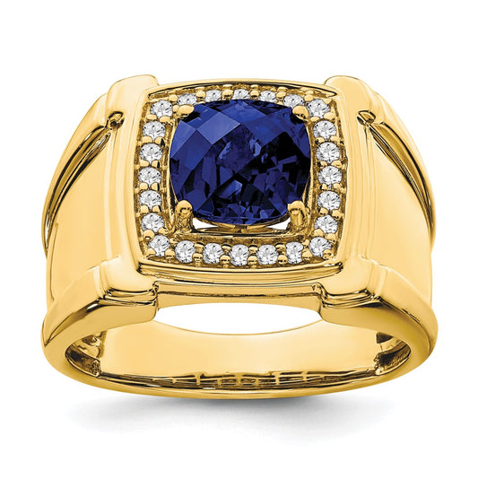 14k Yellow Gold 1/4 Ct. Lab Grown Diamond VS/SI+ G+ and Lab Created Blue Sapphire Men's Ring