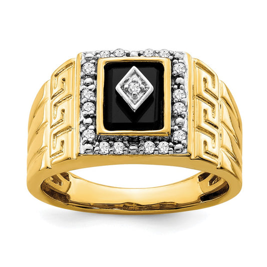 14k Yellow Gold 1/5 Ct. Lab Grown Diamond VS/SI+ G+ and Onyx Greek Key Design Men's Ring