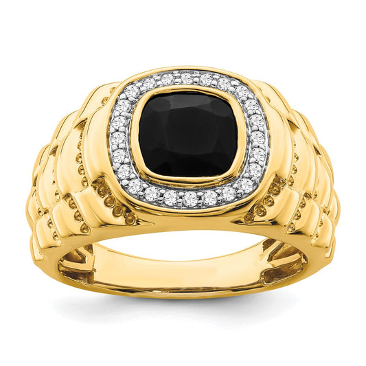 14k Yellow Gold 1/4 Ct. Lab Grown Diamond VS/SI+ G+ and Onyx Textured Men's Ring
