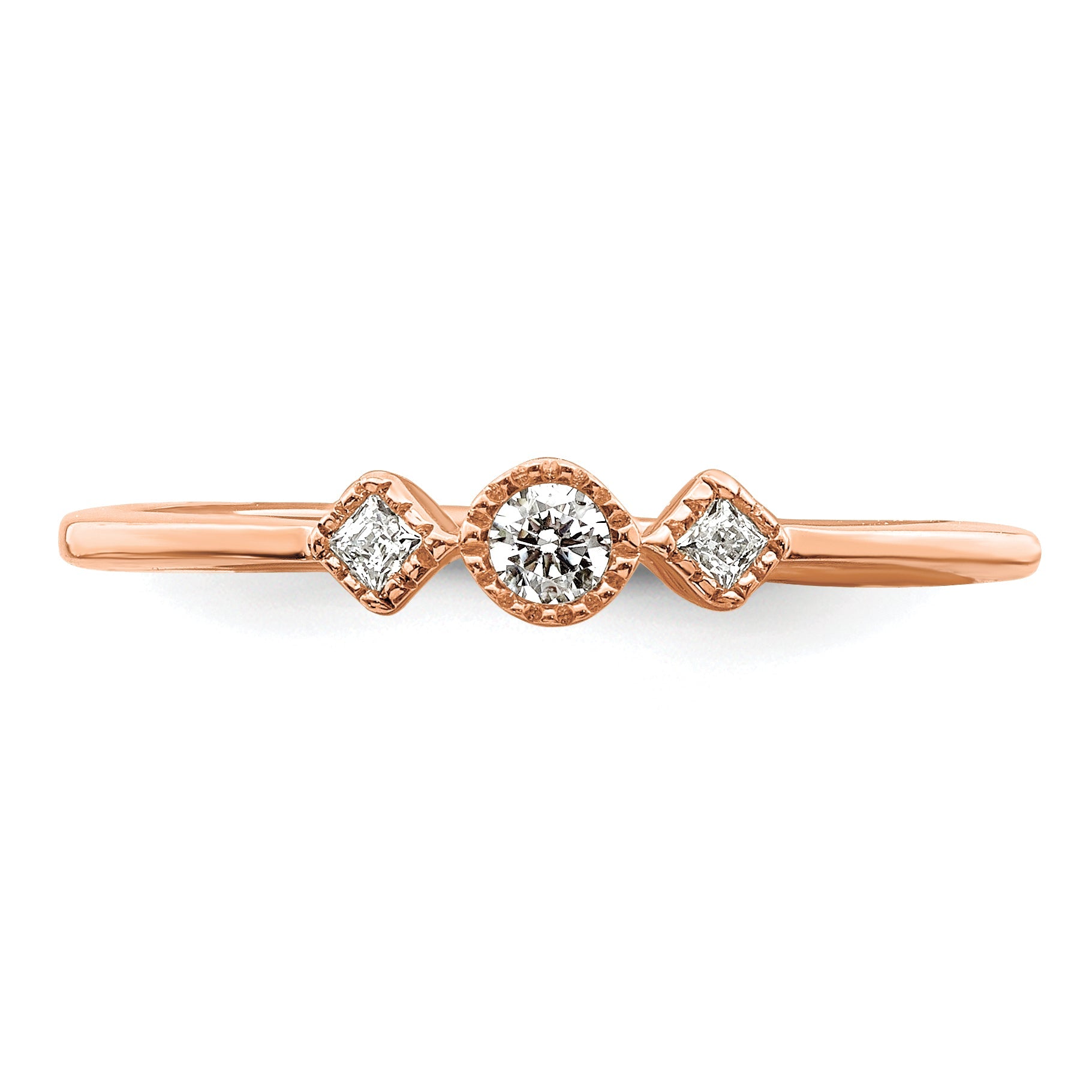 14K Rose Gold Beaded Edge Petite 3 Stone 1/10 Carat Round/Princess Diamond Complete Promise/Engagement Ring