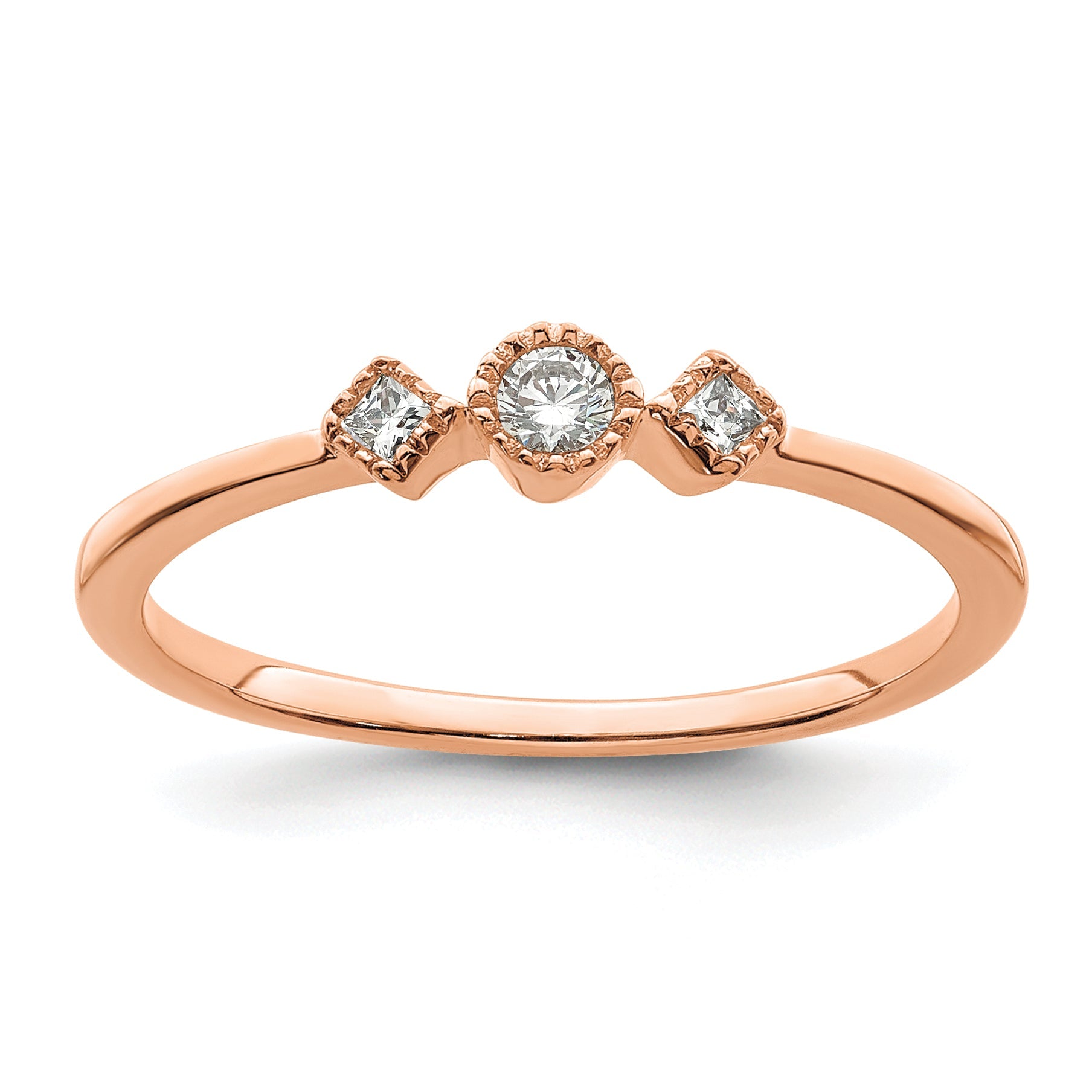 14K Rose Gold Beaded Edge Petite 3 Stone 1/10 Carat Round/Princess Diamond Complete Promise/Engagement Ring