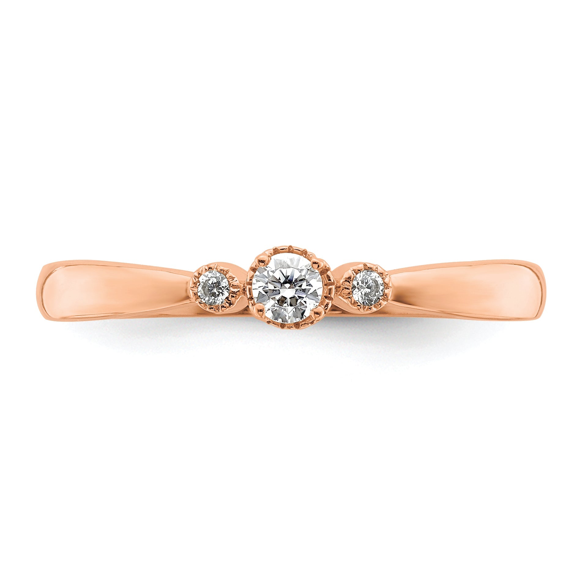 14K Rose Gold Beaded Edge Petite 3 Stone 1/15 Carat Round Diamond Complete Promise/Engagement Ring
