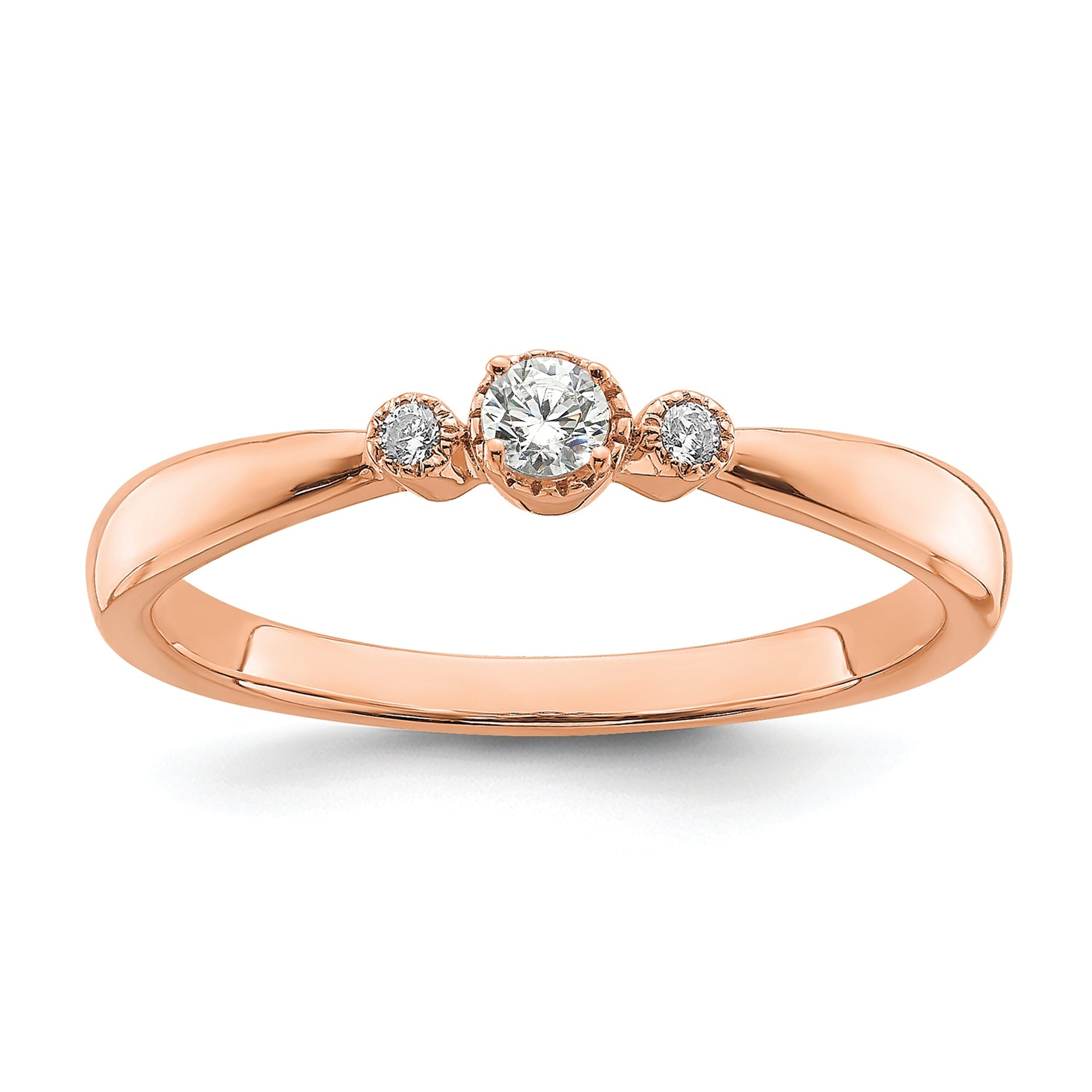 14K Rose Gold Beaded Edge Petite 3 Stone 1/15 Carat Round Diamond Complete Promise/Engagement Ring