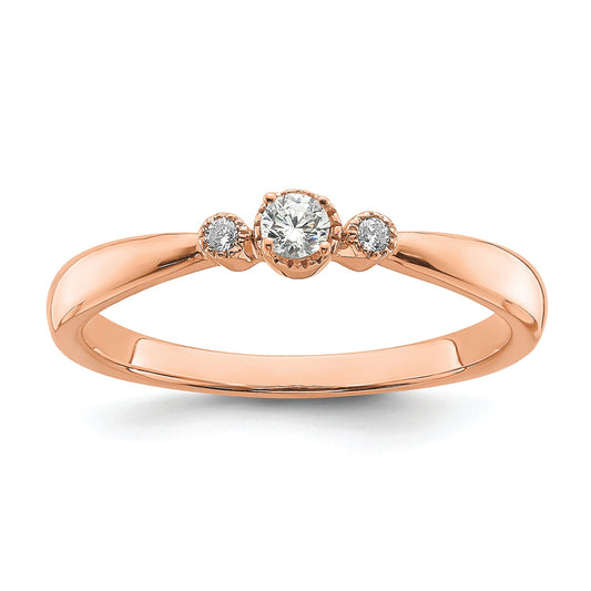 14K Rose Gold Beaded Edge Petite 3 Stone 1/15 Carat Round Diamond Complete Promise/Engagement Ring