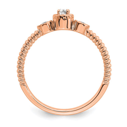 14K Rose Gold Roped Band Petite 3 Stone 1/15 Carat Round Diamond Complete Promise/Engagement Ring