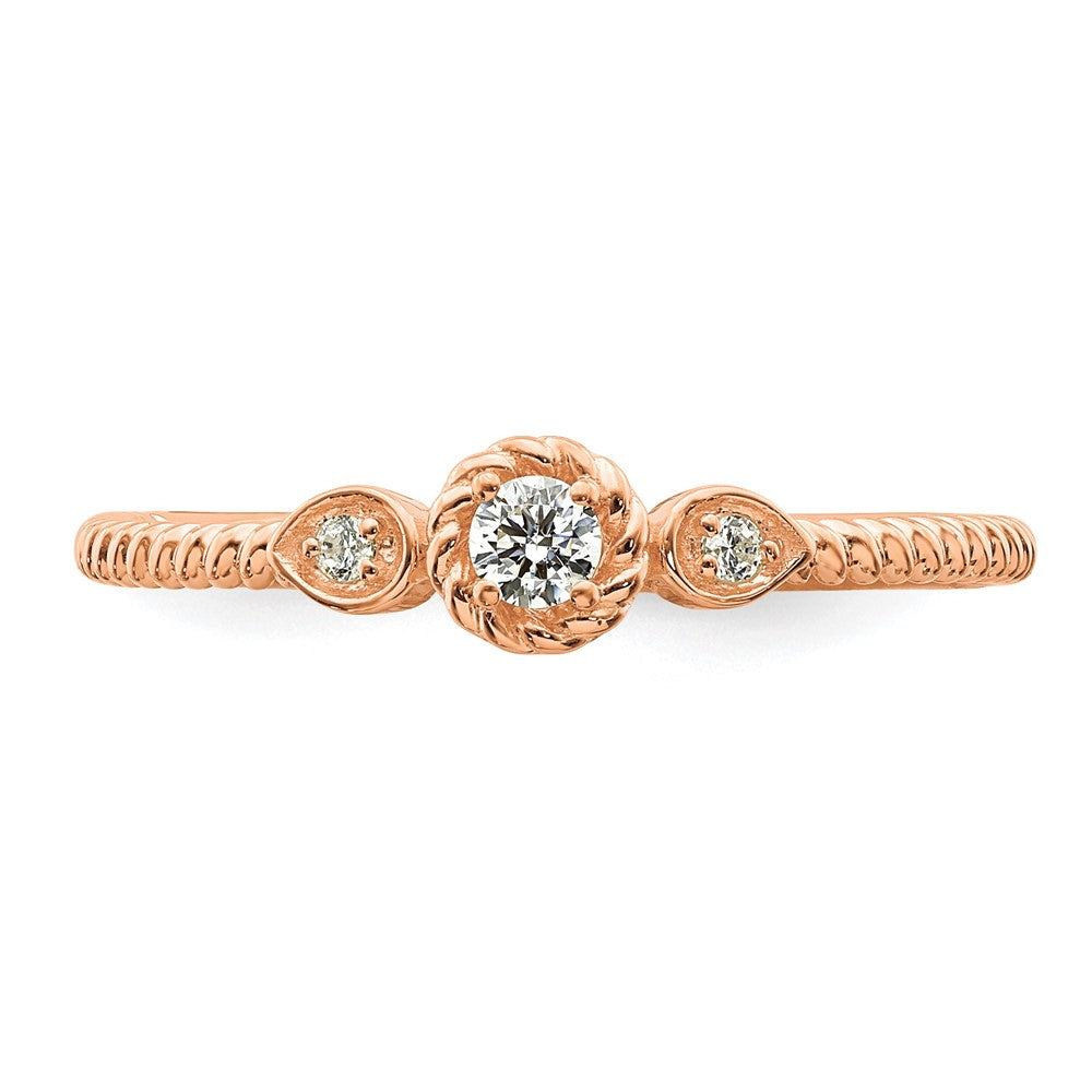 14K Rose Gold Roped Band Petite 3 Stone 1/15 Carat Round Diamond Complete Promise/Engagement Ring