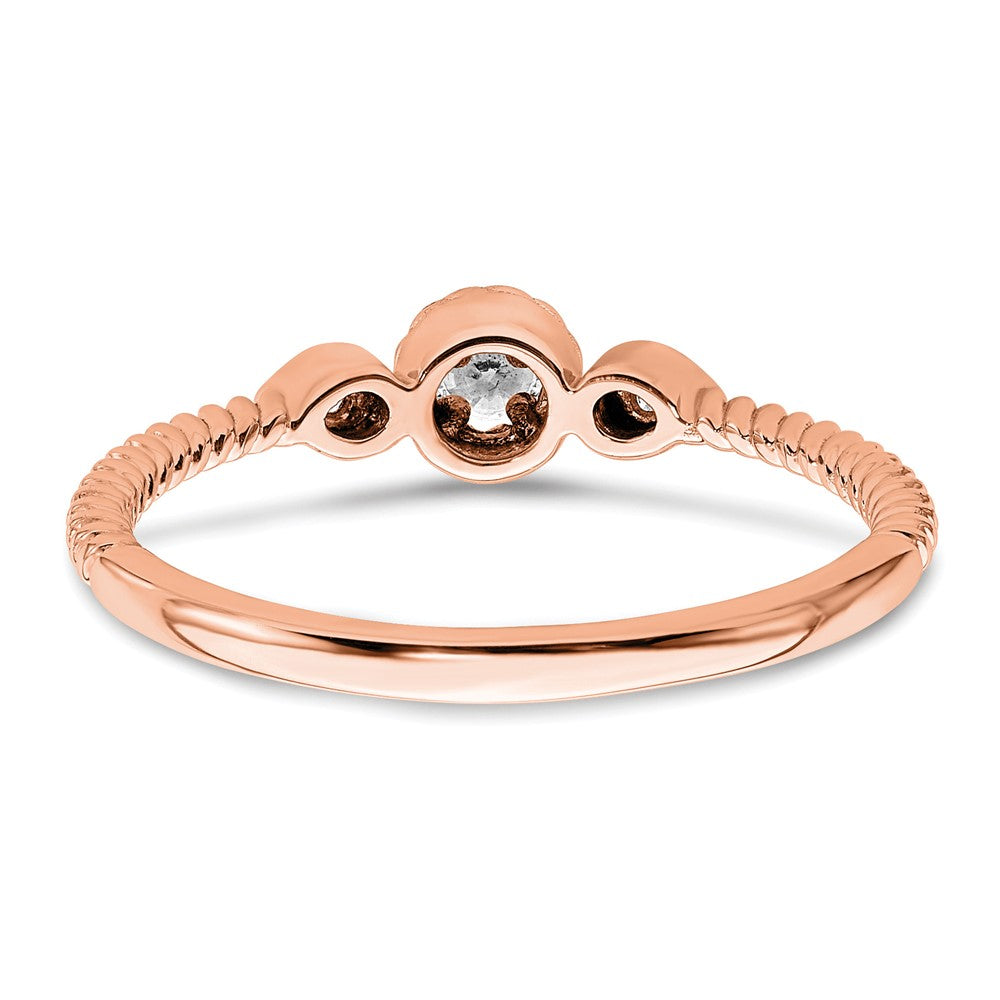 14K Rose Gold Roped Band Petite 3 Stone 1/15 Carat Round Diamond Complete Promise/Engagement Ring