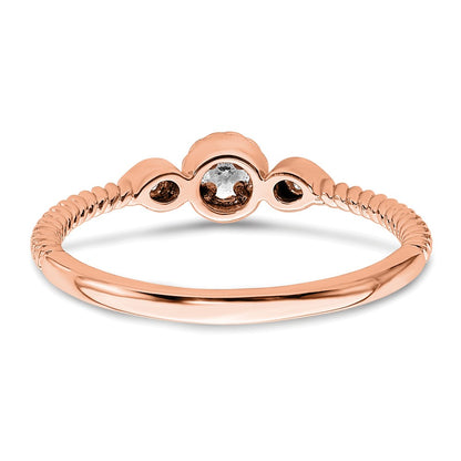 14K Rose Gold Roped Band Petite 3 Stone 1/15 Carat Round Diamond Complete Promise/Engagement Ring