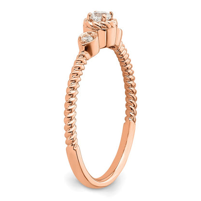 14K Rose Gold Roped Band Petite 3 Stone 1/15 Carat Round Diamond Complete Promise/Engagement Ring