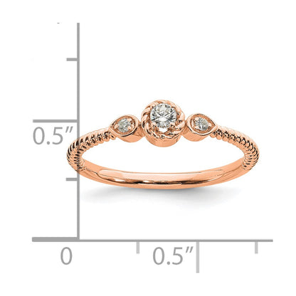 14K Rose Gold Roped Band Petite 3 Stone 1/15 Carat Round Diamond Complete Promise/Engagement Ring