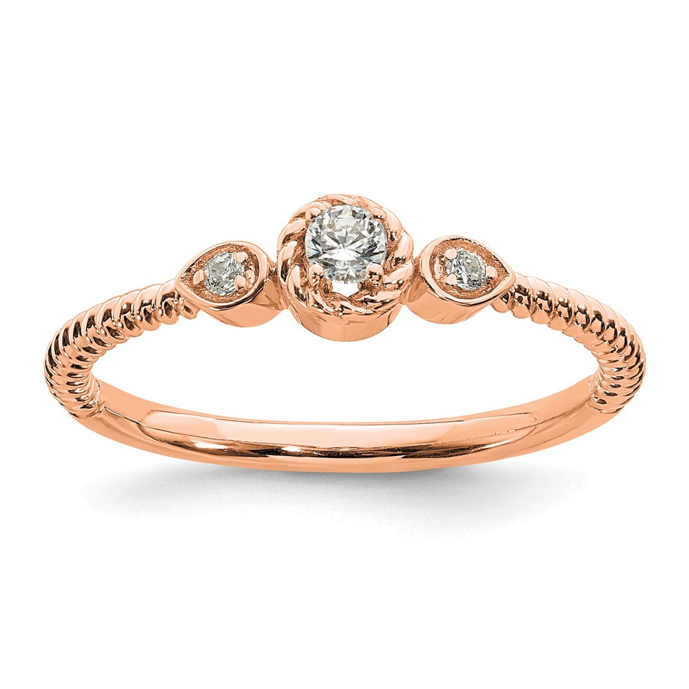 14K Rose Gold Roped Band Petite 3 Stone 1/15 Carat Round Diamond Complete Promise/Engagement Ring