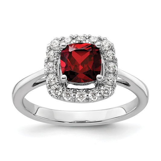 14k White Gold 1/4 Ct. Lab Grown Diamond VS/SI+ G+ January Birthstone Garnet Halo Ring