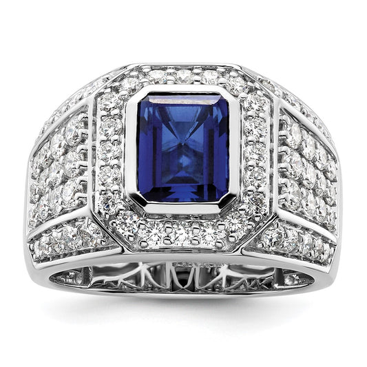 10k White Gold 1 7/8 Ct. Lab Grown Diamond VS/SI+ G+ and Lab Created Blue Sapphire Men's Ring