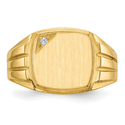 14K Yellow Gold 11.5x12.0mm Grooved Sides Open Back AA Real Diamond Men's Signet Ring