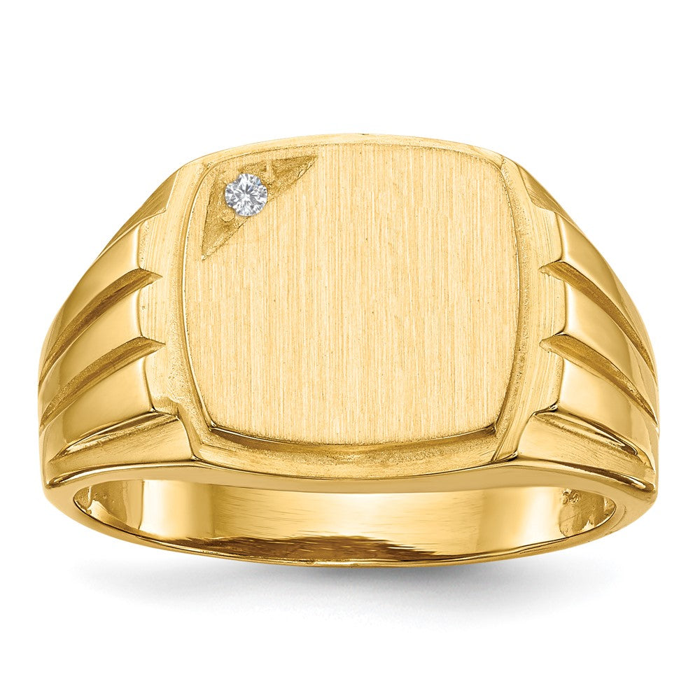 14K Yellow Gold 11.5x12.0mm Grooved Sides Open Back AA Real Diamond Men's Signet Ring
