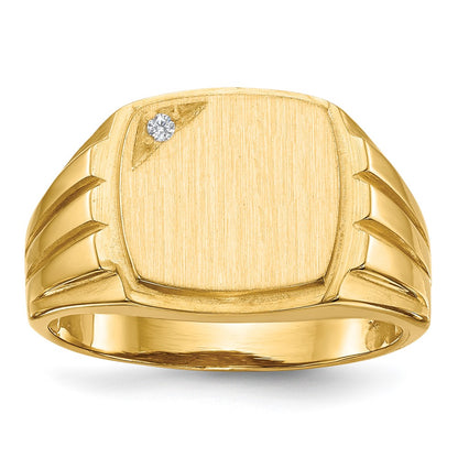 14K Yellow Gold 11.5x12.0mm Grooved Sides Open Back AA Real Diamond Men's Signet Ring