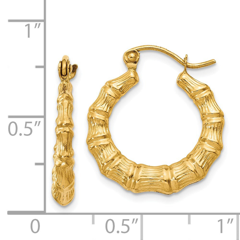 14K Yellow Gold Polished Bamboo Design Hollow Hoop Earrings