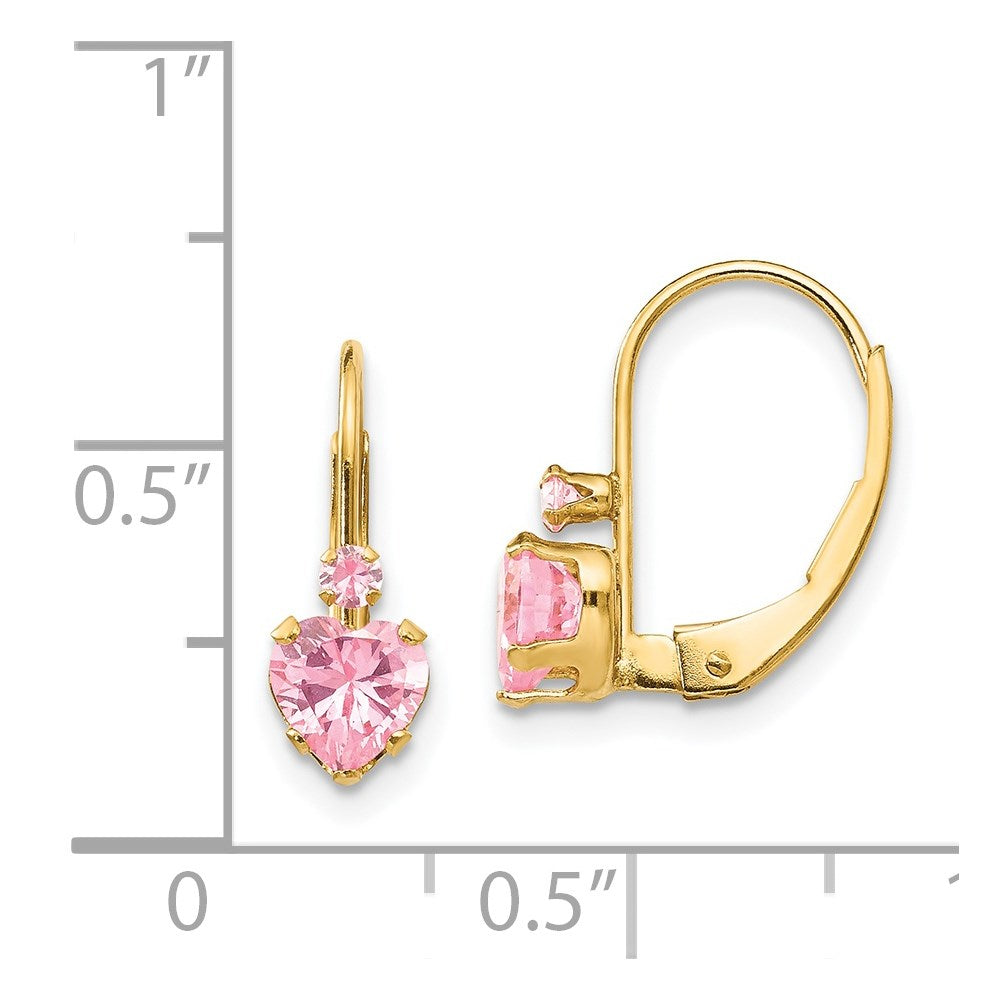 14K Yellow Gold Madi K Pink Cz Heart Leverback Earrings