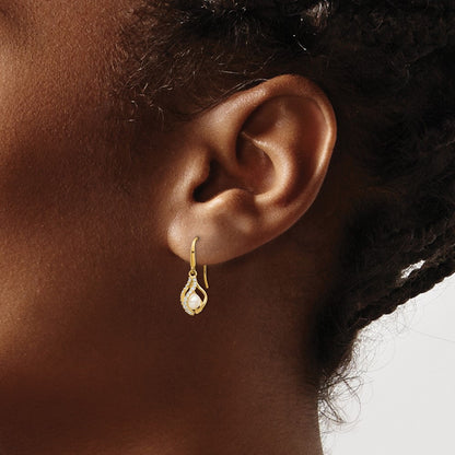 14K Yellow Gold White Freshwater Cultured Pearl Cz Cage Dangle Earrings