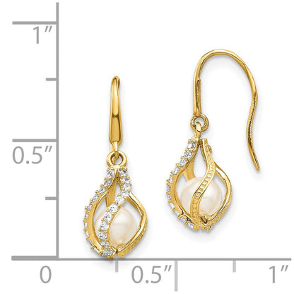 14K Yellow Gold White Freshwater Cultured Pearl Cz Cage Dangle Earrings