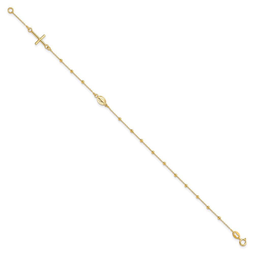 14K Yellow Gold Polished Cross Rosary 7.5 Inch Bracelet