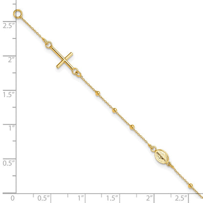 14K Yellow Gold Polished Cross Rosary 7.5 Inch Bracelet