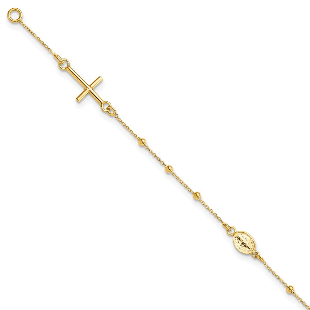 14K Yellow Gold Polished Cross Rosary 7.5 Inch Bracelet