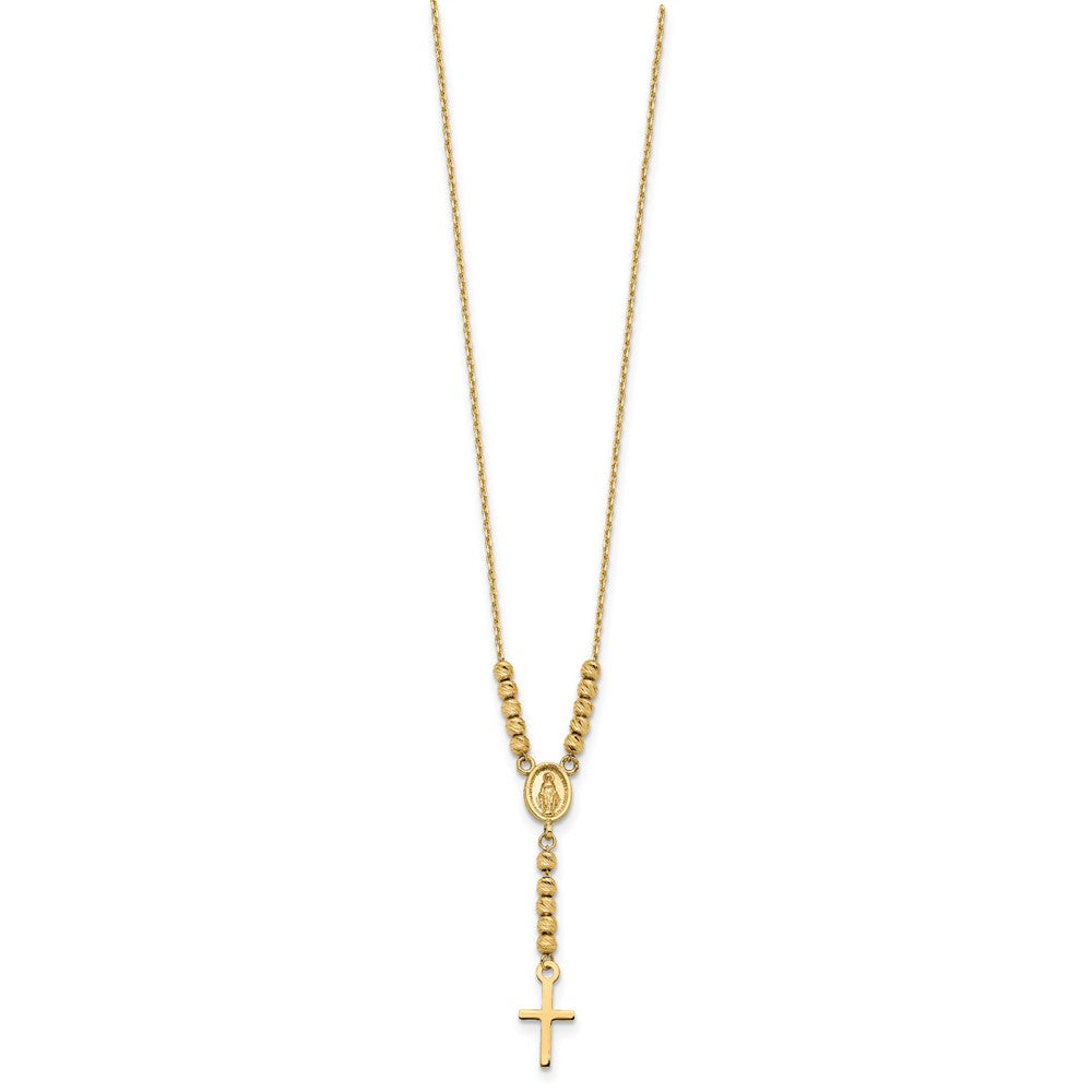14K Yellow Gold Polished D/C Bead Miraculous Medal And Cross 17In Necklace