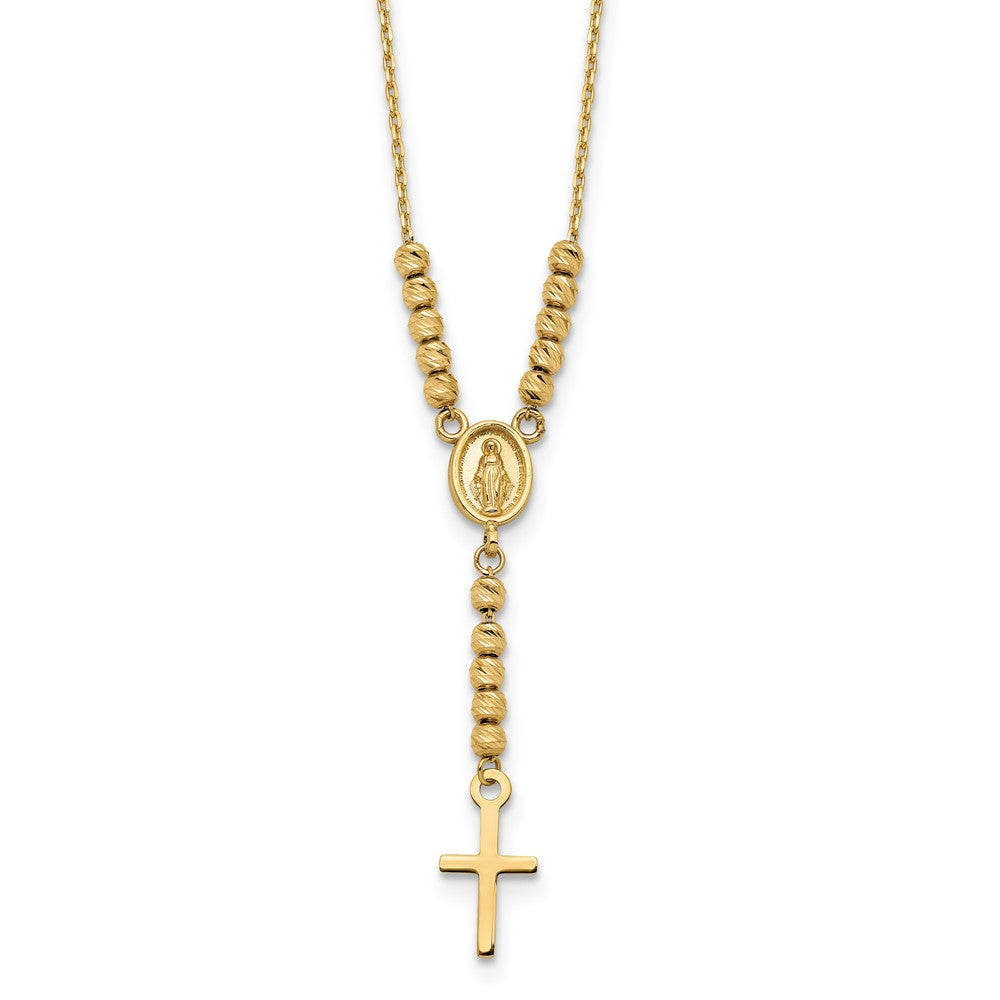 14K Yellow Gold Polished D/C Bead Miraculous Medal And Cross 17In Necklace