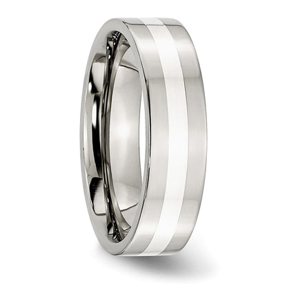 Stainless Steel Sterling Silver Inlay Polished 6mm Flat Band