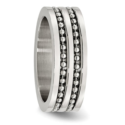 Stainless Steel Antiqued/Polished Double Row Beaded 8mm Band