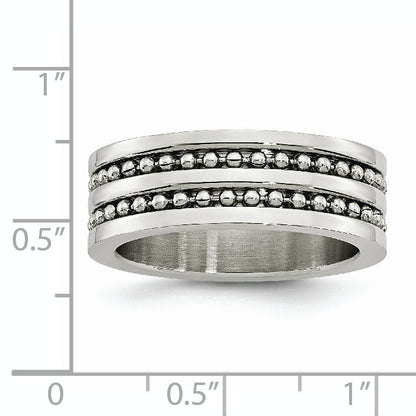 Stainless Steel Antiqued/Polished Double Row Beaded 8mm Band
