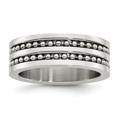 Stainless Steel Antiqued/Polished Double Row Beaded 8mm Band