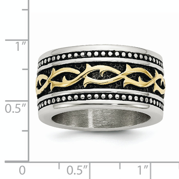 Stainless Steel Antiqued And Polished Yellow Ip Plated 13.25mm Band