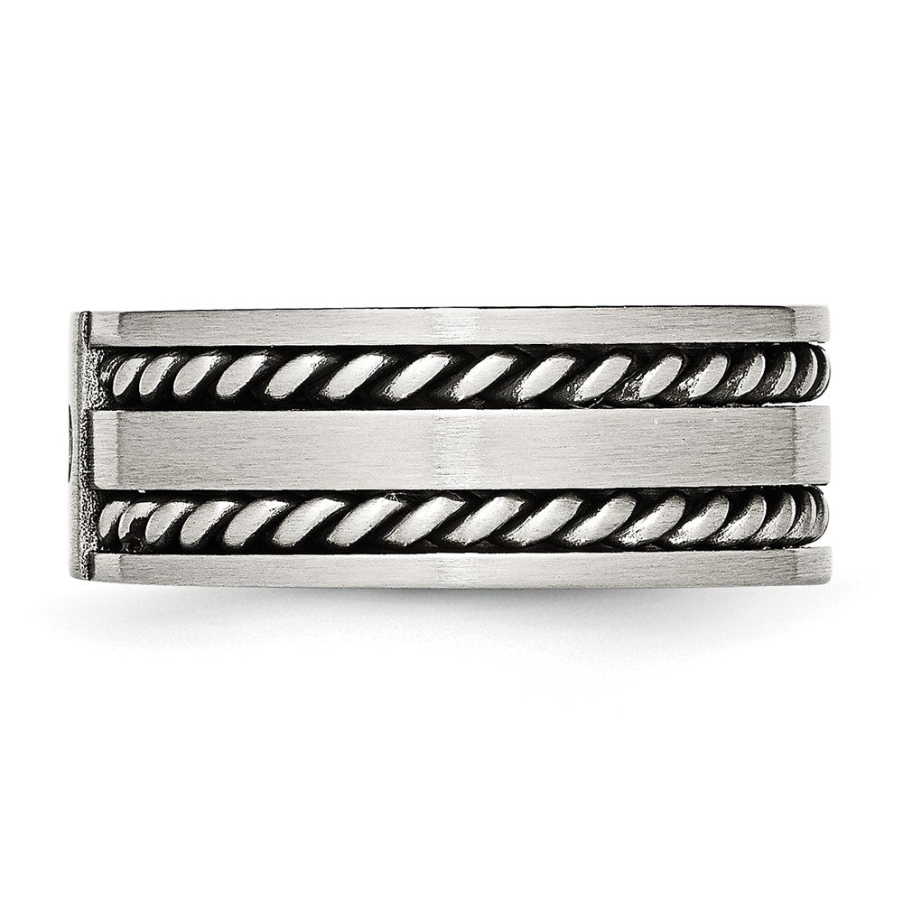 Stainless Steel Antiqued And Brushed Cz Twisted 9mm Flat Band