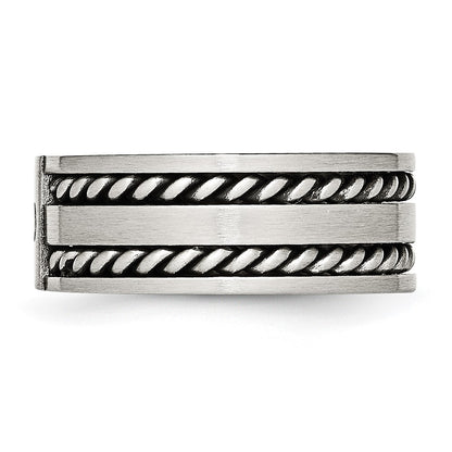 Stainless Steel Antiqued And Brushed Cz Twisted 9mm Flat Band