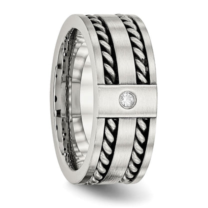 Stainless Steel Antiqued And Brushed Cz Twisted 9mm Flat Band