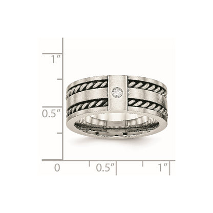 Stainless Steel Antiqued And Brushed Cz Twisted 9mm Flat Band
